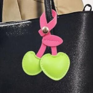 🍒NEW Cherry Leather Bag Charm/ Keychain Pink & Green Cherries